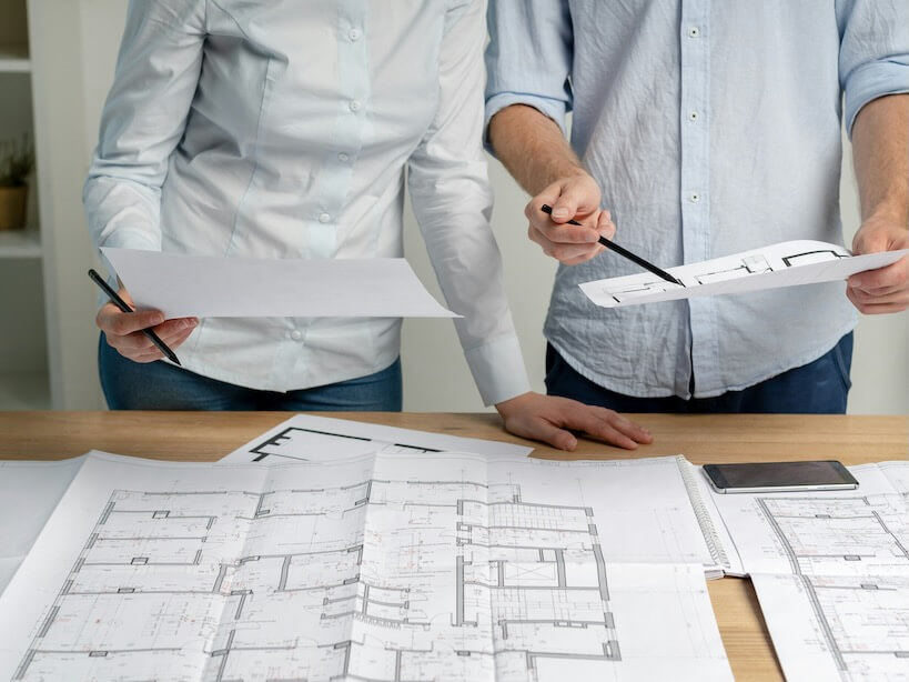 cropped photo group of two person in formalwear shirt stand at the table in light loft interior workplace make modern renovation look at blank on room pointer on structure document by pencil