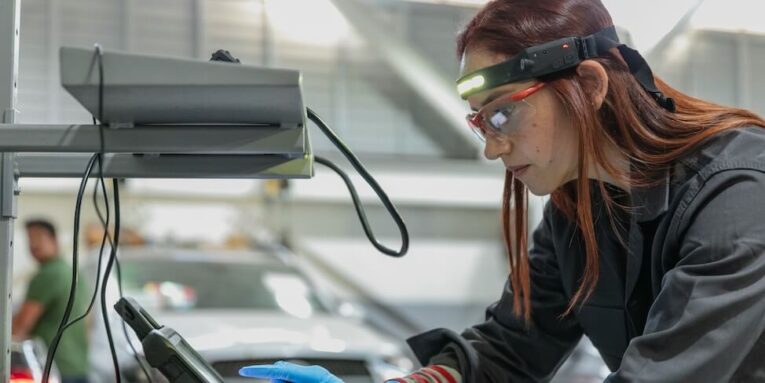 a woman wearing goggles and gloves working on a machine featured image
