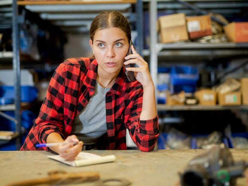 female worker takes an order on a mobile phone and makes notes in a notebook