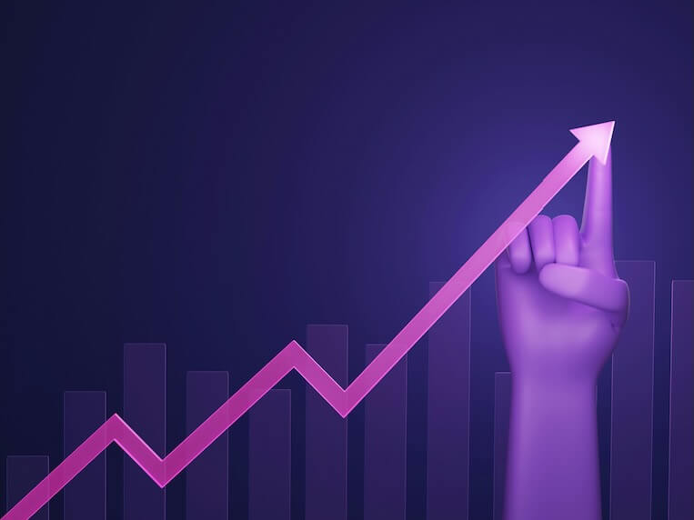 businessman hand pointing to a shine bright arrow graph on purple background pointing up growth and success goals for better business direction in future 3d render illustration
