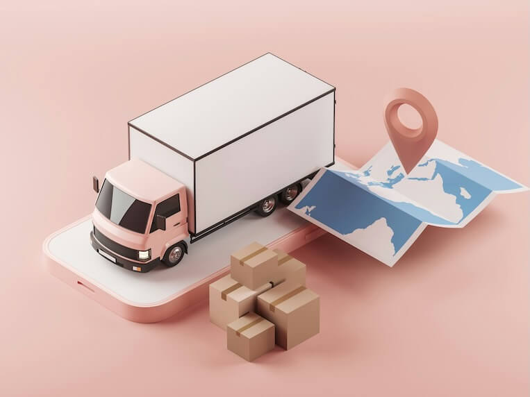 delivery van and smartphone worldwide map with location pin truck and cardboard boxes top view import and export concept of tracking and mobile app 3d rendering