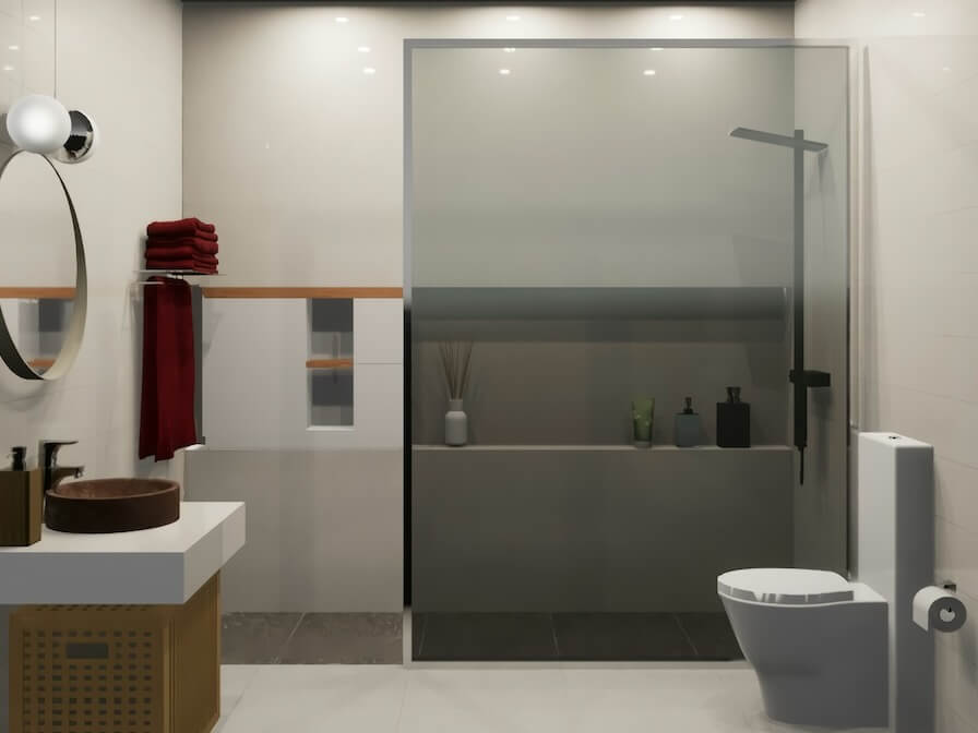 a bathroom with a toilet a sink a walk in bath and a-mirror