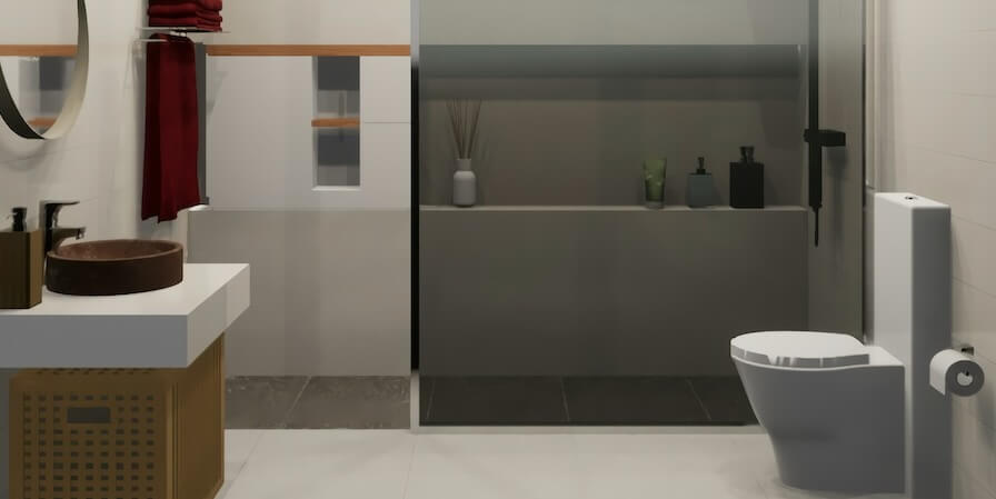 a bathroom with a toilet a sink a walk in bath and a-mirror FEATURED IMAGE