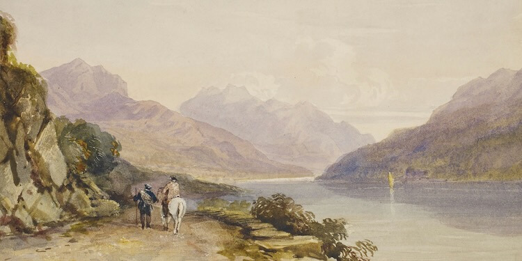 a painting of two people riding horses by a lake FEATURE IMAGE