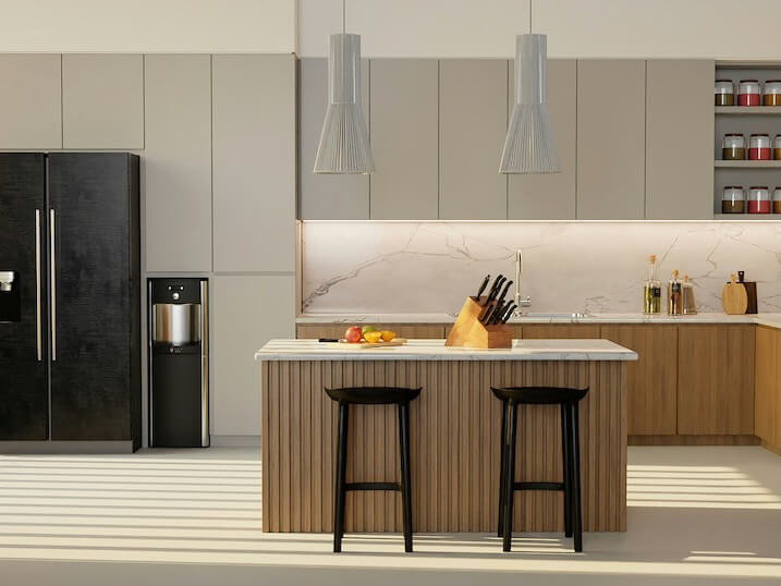 a kitchen with two stools next to a counter