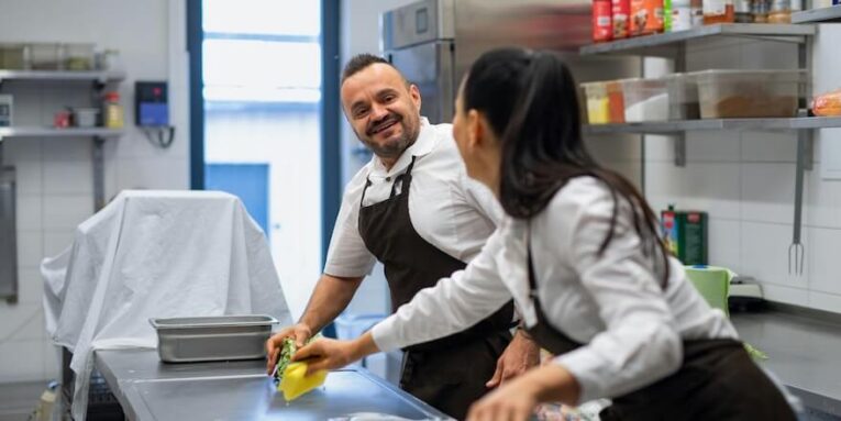 a chef and cook cleaning the workspace after doing dishes indoors in restaurant kitchen FEATURED IMAGE