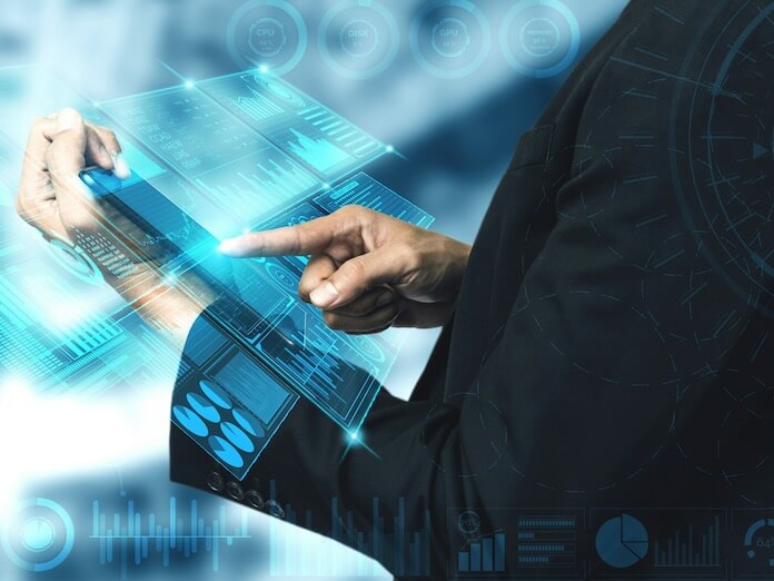 big data technology for business finance analytic concept modern graphic interface shows massive information of business sale report profit chart and stock market trends analysis on screen monitor