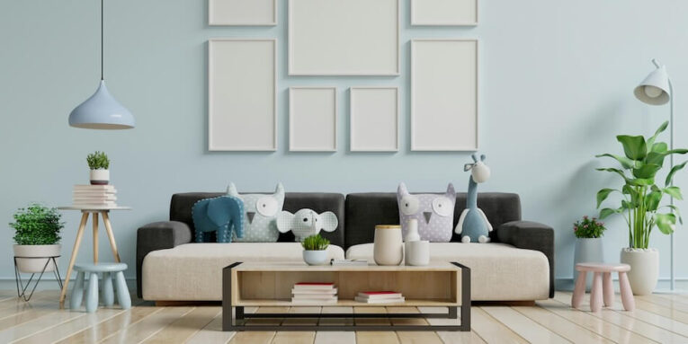 modern living room interior with sofa and green plants lamptable on blue wall background 3d rendering FEATURED IMAGE