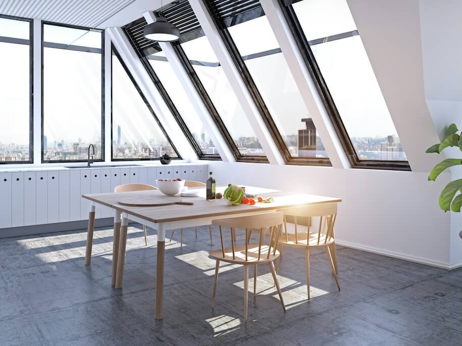 modern loft attic kitchen design concept 3d rendering illustration