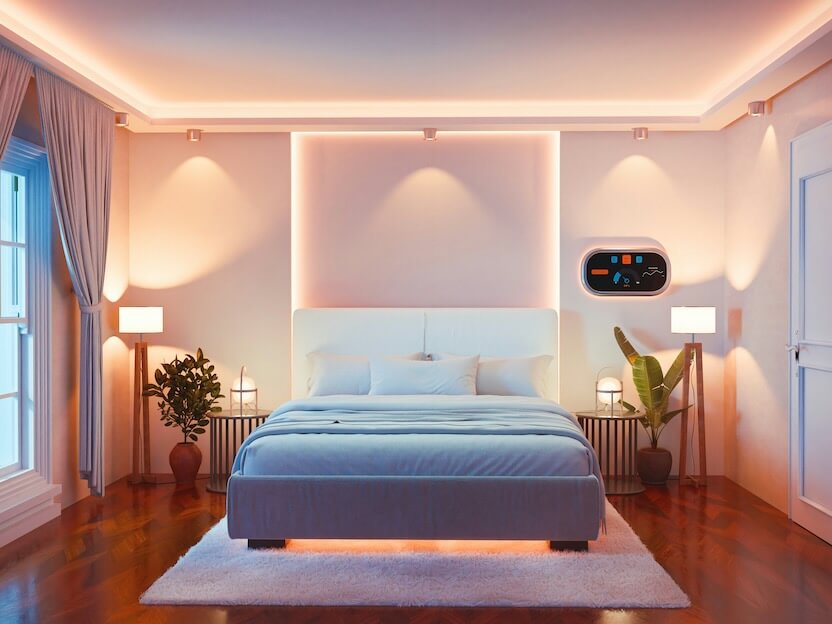 a bedroom with a large bed and wooden floors