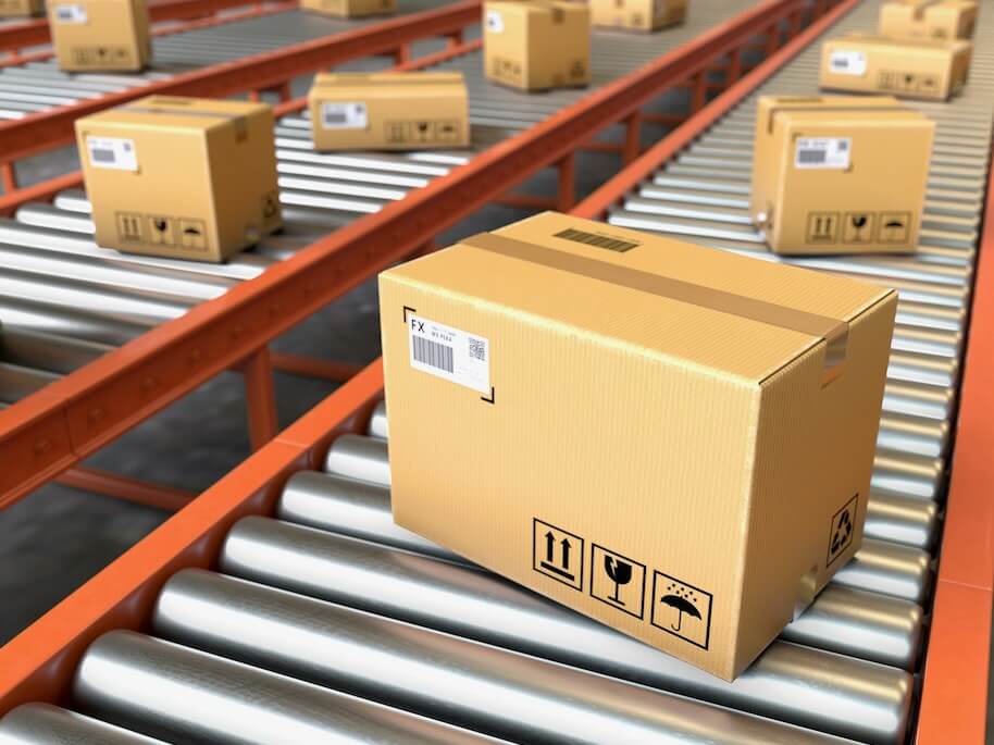 box on conveyor rollershipping and logistics concept 3d rendering conceptual image