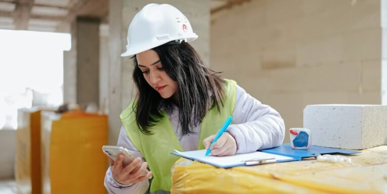 a woman in a hard hat writing on a piece of paper FEATURED IMAGE