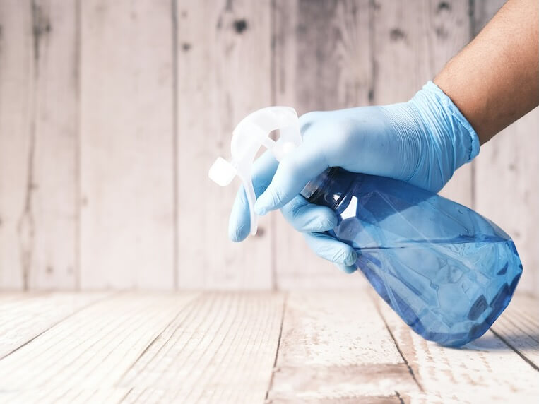 hand in glove holding spray bottle