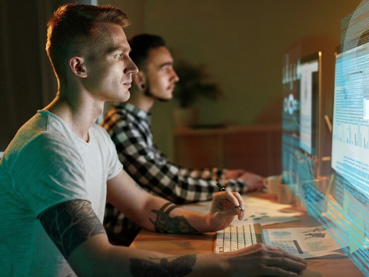 information technology programmers writing code on holographic screen men creating software in office high resolution