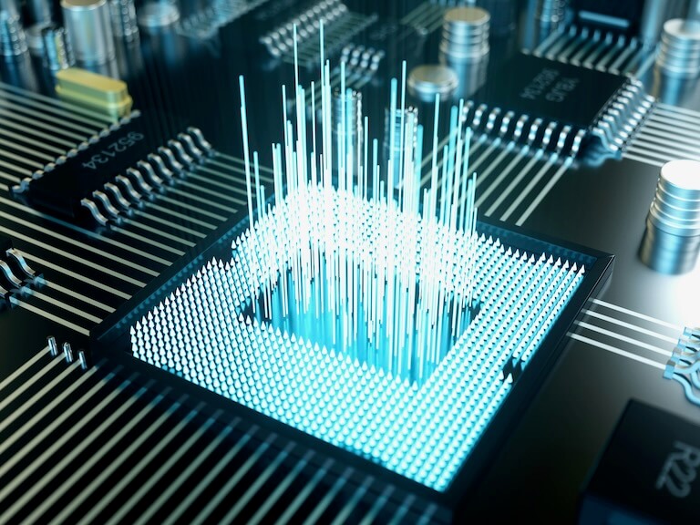 computer processor with glowing light beams