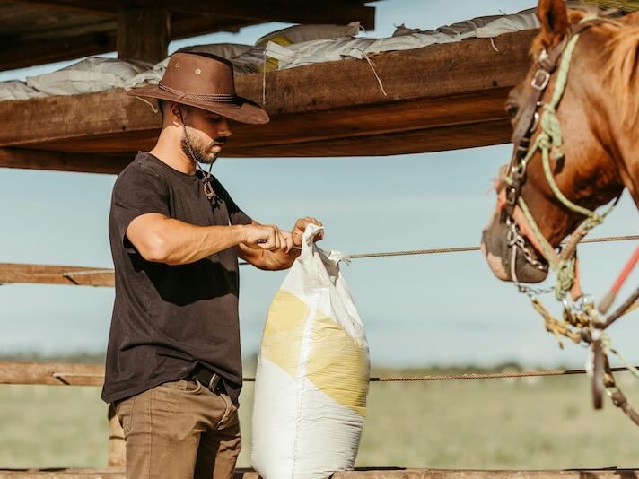 a man holding a bag while standing next to a horse